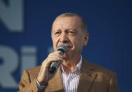 Turkey's President Recep Tayyip Erdogan addresses his ruling party members in eastern city of Malatya, Turkey, Sunday, Oct. 25, 2020. (Turkish Presidency via AP, Pool)