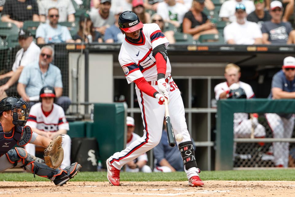 Chicago White Sox center fielder Luis Robert Jr. (88) doubles against the Detroit Tigers during the fourth inning at Guaranteed Rate Field in Chicago on Sunday, June 4, 2023.