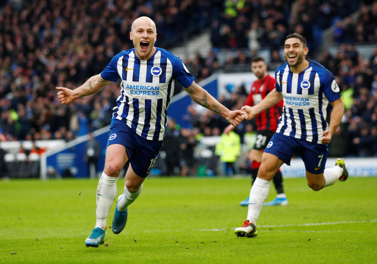 Soccer Football - Premier League - Brighton & Hove Albion v AFC Bournemouth - The American Express Community Stadium, Brighton, Britain - December 28, 2019  Brighton & Hove Albion's Aaron Mooy celebrates scoring their second goal    REUTERS/Eddie Keogh  EDITORIAL USE ONLY. No use with unauthorized audio, video, data, fixture lists, club/league logos or "live" services. Online in-match use limited to 75 images, no video emulation. No use in betting, games or single club/league/player publications.  Please contact your account representative for further details.