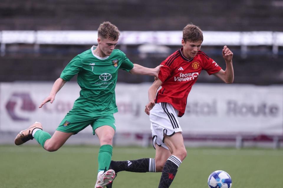 Co.Fermanagh's Kelan Kernaghan with Man Utd's during The Super Cup Premier Section in Coleraine Showgrounds in 2023 <i>(Image: John McVitty)</i>
