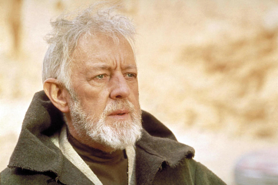 Alec Guinness wears his iconic robe as Obi-Wan Kenobi in "Star Wars"