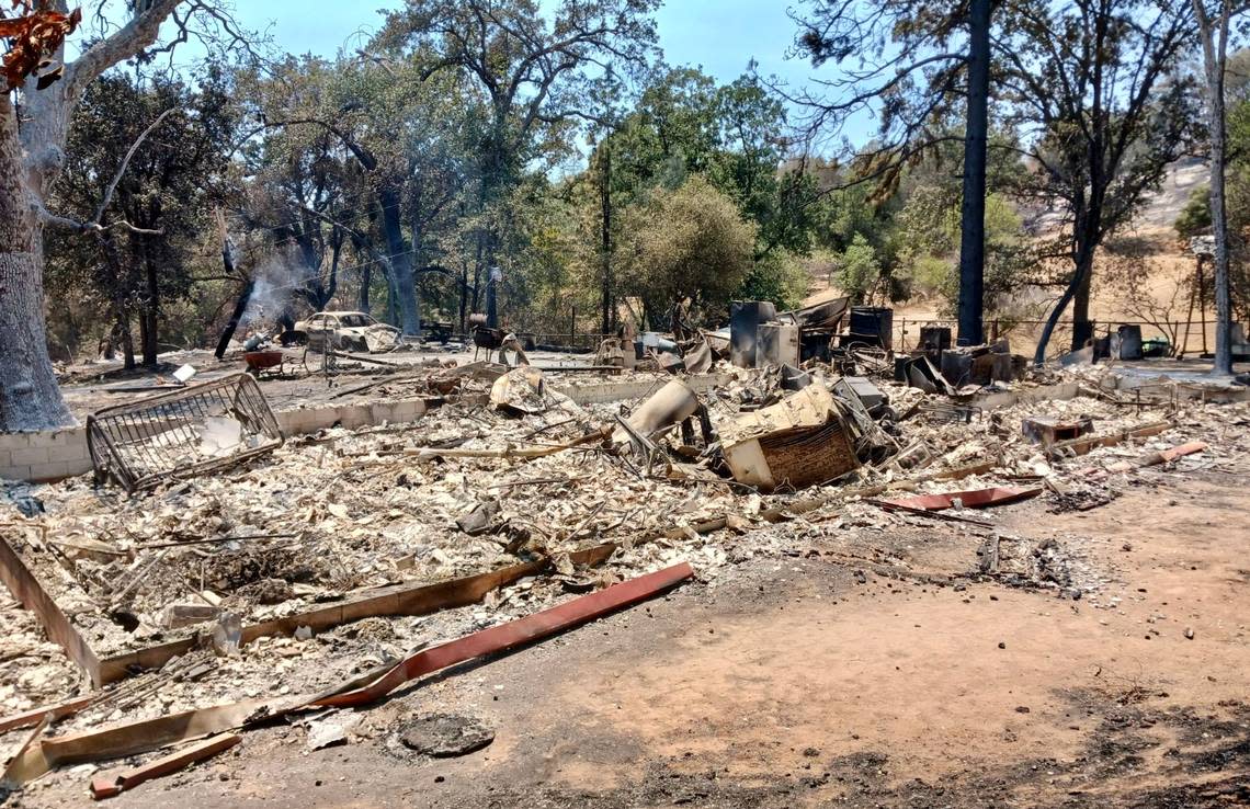 A home destroyed by the 2022 Oak Fire at the Rocking Lazy DJ Bar Ranch off Triangle Road between Bootjack and Midpines, east of Mariposa.