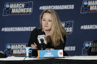 Utah head coach Lynne Roberts speaks during a press conference after a second-round college basketball game against Gonzaga in the NCAA Tournament in Spokane, Wash., Monday, March 25, 2024. (AP Photo/Young Kwak)