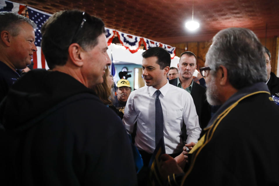 Democratic presidential candidate former South Bend, Ind., Mayor Pete Buttigieg meets with attendees during a campaign event, Saturday, Feb. 1, 2020, in Oelwein, Iowa. (AP Photo/Matt Rourke)