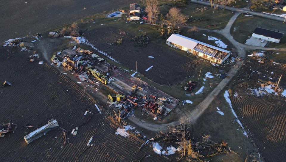 An aerial view of the damage along North Tolles Road Friday morning, Feb. 9, 2024, after a confirmed tornado went through the area just northwest of Evansville, Wis., the prior evening. The tornado was the first-ever reported in February in the state of Wisconsin, according to the National Weather Service. (Anthony Wahl//The Janesville Gazette via AP)