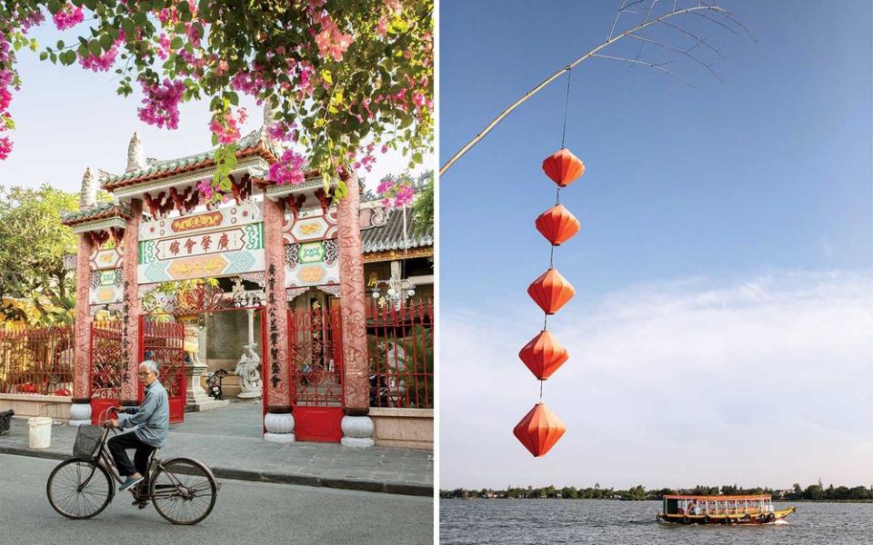 From left: “The Cantonese Assembly Hall in Hoi An was filled with dragons and altars covered in flowers, incense, and fruit.”; “Lanterns and flags popped up everywhere in Hoi An. Both add nice texture to images.”