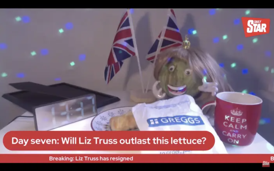a screenshot of a youtube video featuring a head of lettuce with a smile and googley eyes and a wig, next to union jack flags and a keep calm and carry on. the text at the bottom reads "day seven: will liz truss outlast this lettuce?"