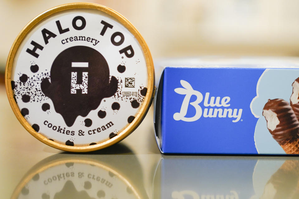 Blue Bunny and Halo Top brand ice cream products are seen in Englewood, N.J., Tuesday, Dec. 6, 2022. The Italian confection company Ferrero Group announced Wednesday that it's acquiring Wells Enterprises, the Iowa-based maker of Blue Bunny and Halo Top ice creams. Wells, founded in 1913, is one of the world's largest family-owned ice cream companies. (AP Photo/Seth Wenig)