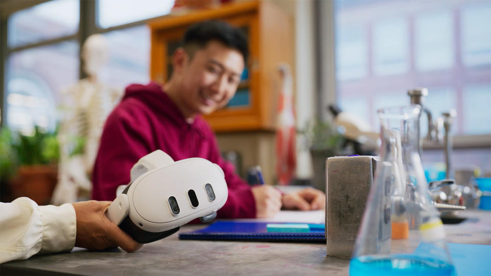 A Meta Quest 3 headset in a classroom setting