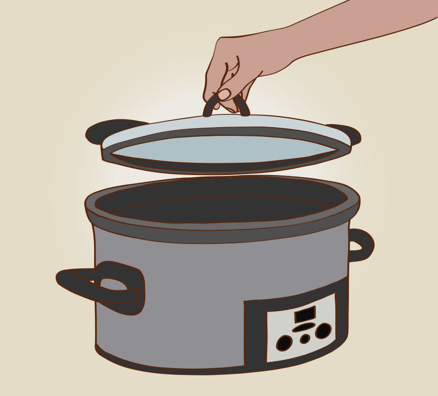 Here's the thing about peeking inside: Every time you take the top off to sniff or stir, the temperature inside the pot drops 10 to 15 degrees, and <a href="http://www.extension.umn.edu/food/food-safety/preserving/safe-meals/slow-cooker-safety/docs/factsheet.pdf" target="_blank">you extend the overall cooking time by 30 minutes</a>. If you can wait until you're within an hour, or so, of the finish time, though, you're probably not going to do any damage by opening the lid. <a href="http://stephanieodea.com/" target="_blank">Stephanie O'Dea</a>, who has written four slow-cooker cookbooks, says that if, for instance, a recipe suggests a six-hour cooking time, you're likely okay checking the dish after five hours; since, by that point, the majority of the cooking is done, and the flavors are just deepening and melding.