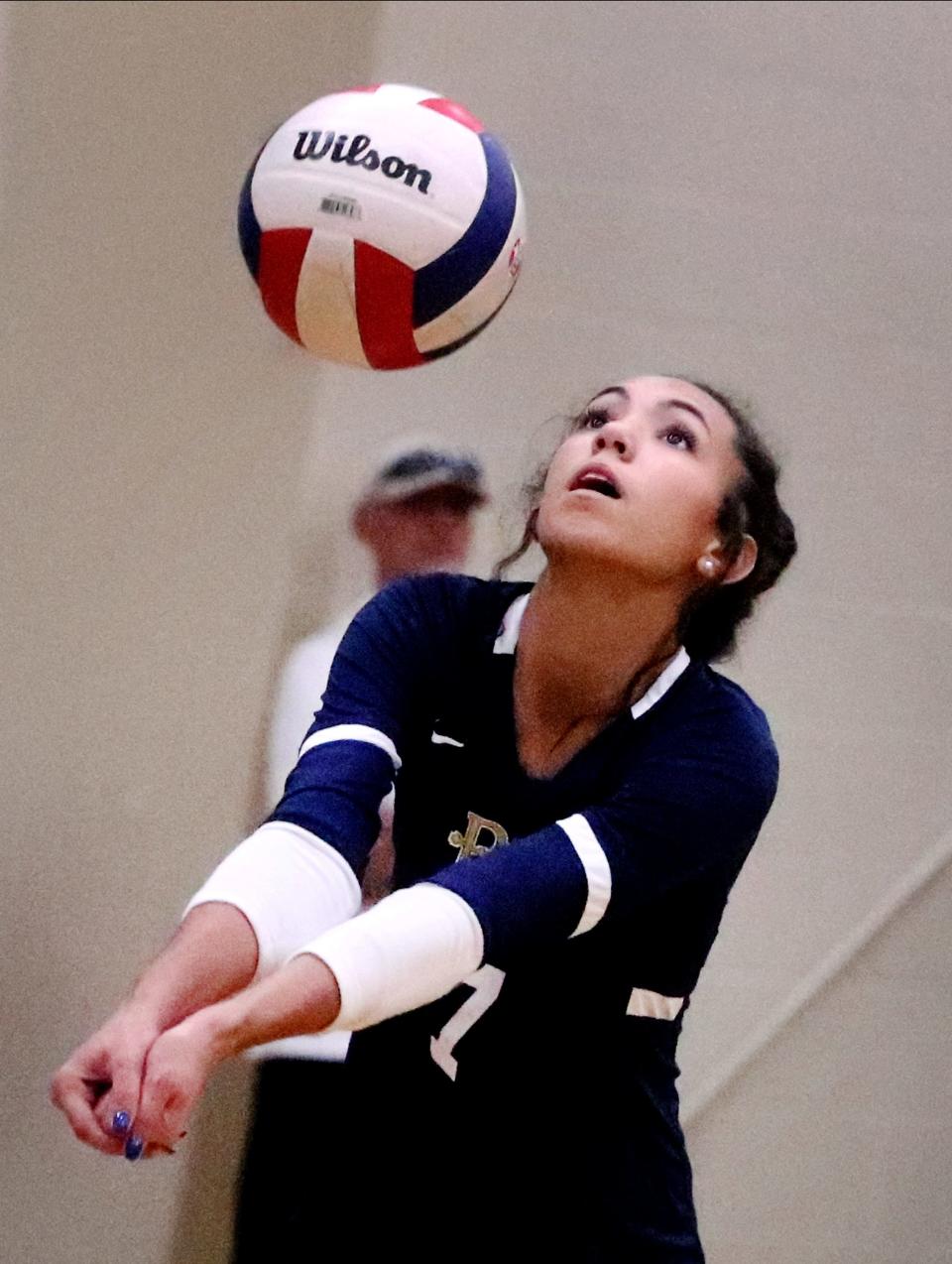 PCA's Sadie Kroeger (7) bumps the ball during a volleyball match against MTCS at MTCS on Tuesday, Aug. 29, 2023.