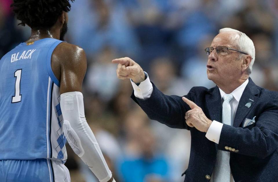 North Carolina coach Roy Williams directs Leaky Black (1) during the first half against Virginia Tech on Tuesday, March 10, 2020 during the first round of the ACC Tournament at the Greensboro Coliseum in Greensboro, N.C.