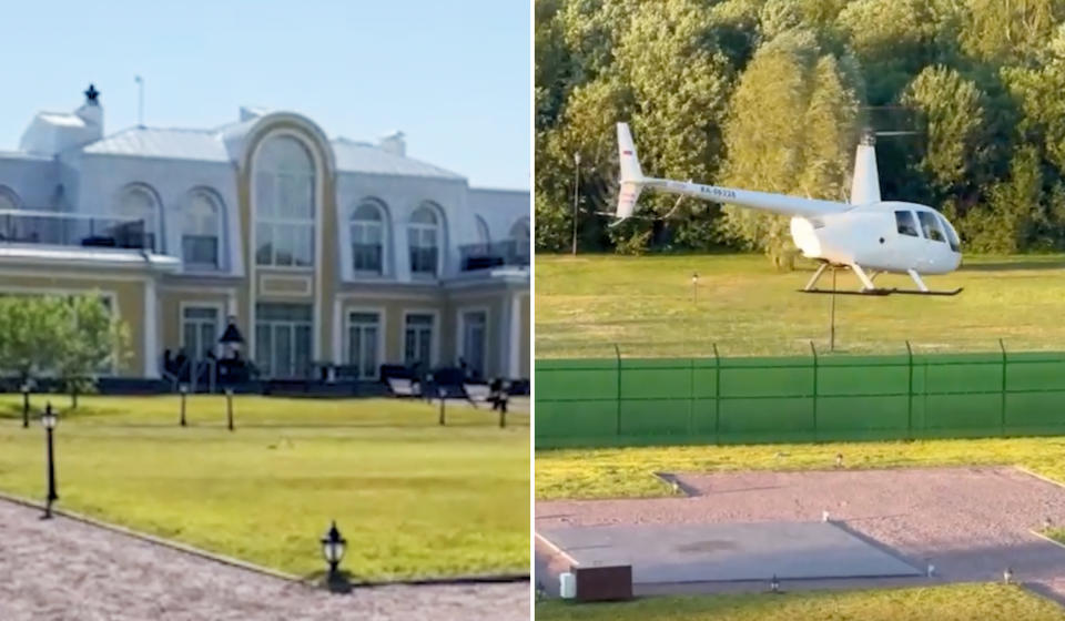 The exterior of Prigozhin's home is captured in video footage released by Russian newspaper Izvestia, showing a private helipad on the grounds.  (Izvestia)