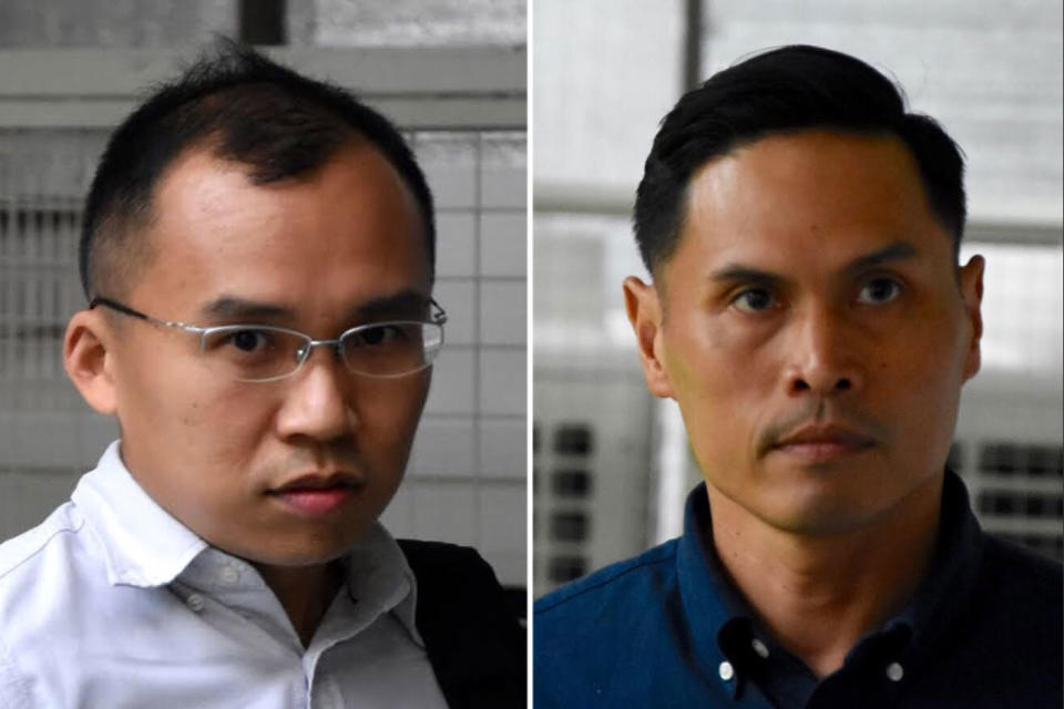 First Senior Warrant Officer Nazhan Mohamed Nazi (right), and Lieutenant Kenneth Chong Chee Boon (left) were in charge of the servicemen who pushed 22-year-old Corporal Kok Yuen Chin into a pump well at the Tuas View Fire Station on 13 May last year. (Yahoo News Singapore file photos)