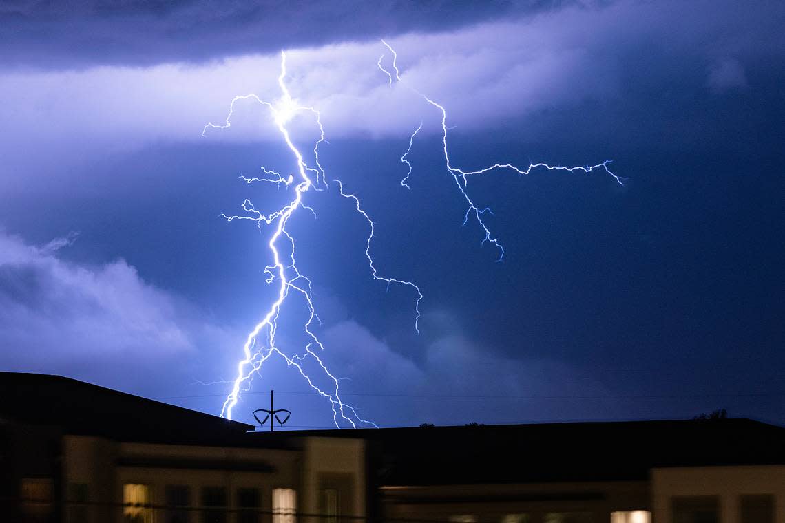 Lightning strikes as a thunderstorm begins to roll in near West Fort Worth on Wednesday, Oct. 4, 2023. Chris Torres/ctorres@star-telegram.com