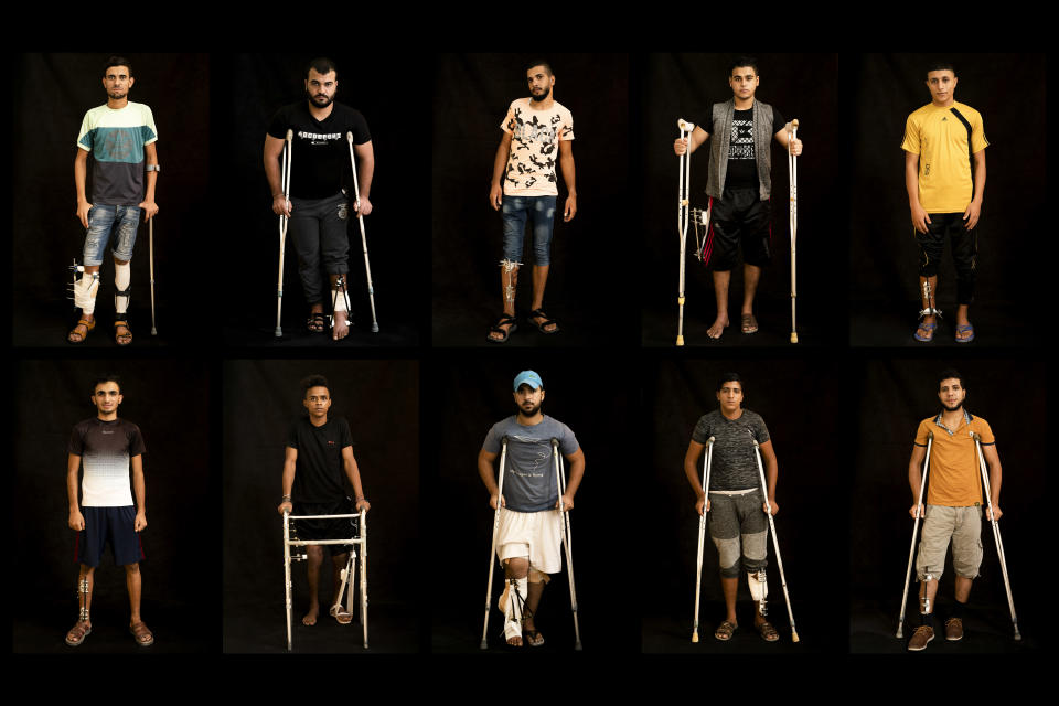 COMBO - In this combination of 10 photos taken on Sept. 19, 2018, Palestinians shot in the legs during demonstrations at the Gaza strip's border with Israel pose as they await treatment at a Gaza City clinic run by MSF (Doctors Without Borders). Israeli forces deployed along the volatile border have fired live rounds at rock-throwing Palestinian protesters since demonstrations began in March against Israel's long-running blockade of Gaza. Israeli snipers have targeted one part of the body more than any other: the legs. (AP Photo/Felipe Dana)
