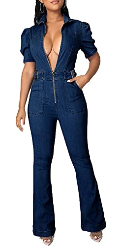 BestGirl Jean Jumpsuits for Women Casual One Piece Zip Up Short Sleeve Jeans Playsuit Overalls Medium