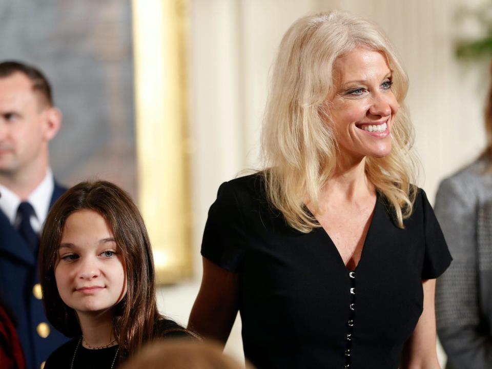 Counselor to the President Kellyanne Conway and her daughter Claudia take their seats at the Women's Empowerment Panel, Wednesday, March 29, 2017, at the White House in Washington.