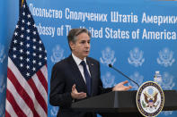 United States Secretary of State Antony Blinken speaks as he greets embassy staff at the U.S. embassy, in Kyiv, Ukraine, Wednesday, Jan. 19, 2022. (AP Photo/Alex Brandon, Pool)