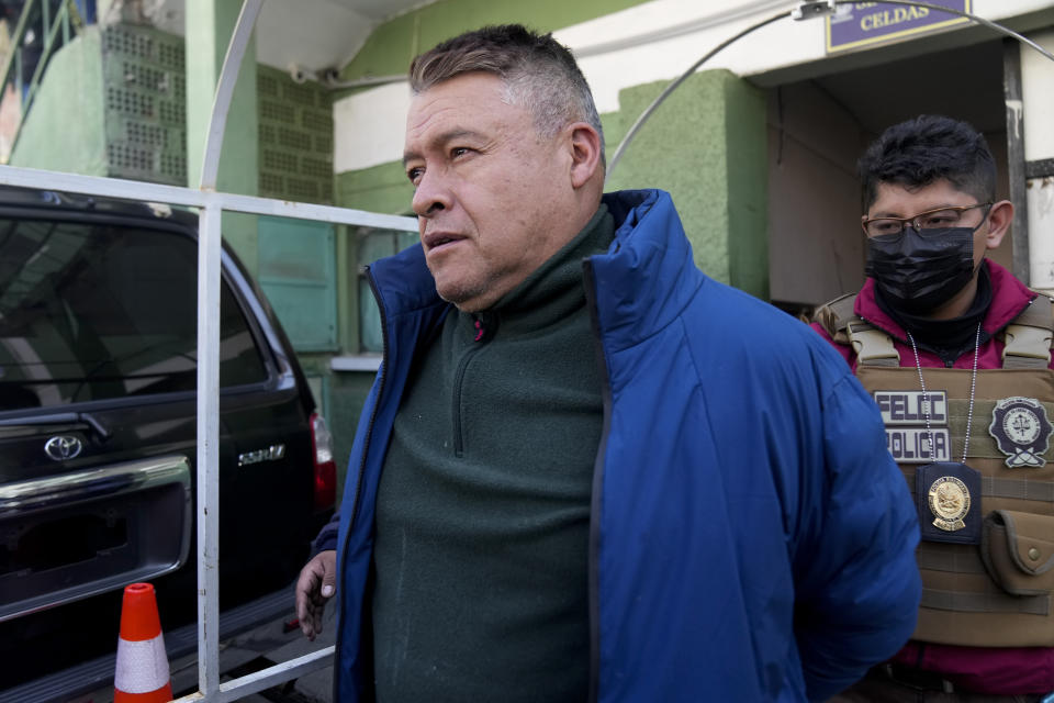 Juan Jose Zuniga, former commanding general of the army, is escorted from a jail to be taken to Chonchocoro maximum security prison, in La Paz, Bolivia, Saturday, June 29, 2024. Zuniga was detained for his involvement in what President Luis Arce called a coup attempt. (AP Photo/Juan Karita)