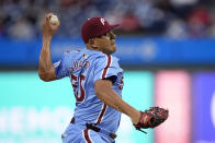 Philadelphia Phillies' Ranger Suárez pitches during the first inning of a baseball game against the Pittsburgh Pirates, Thursday, April 11, 2024, in Philadelphia. (AP Photo/Matt Rourke)