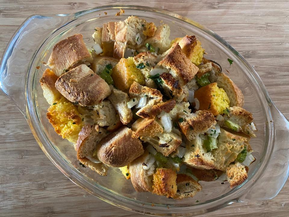 Ree Drummond's stuffing cooked in glass baking dish