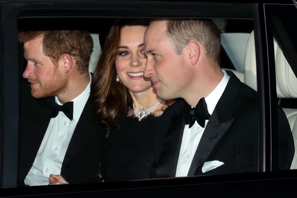 Kate was seen arriving for the party wearing the Queen's necklace. Photo: Getty