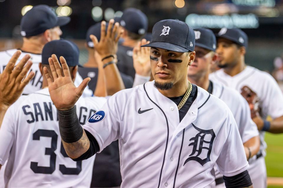 Tigers shortstop Javier Baez celebrates with teammates after the Tigers' 4-0 win in Game 2 of the doubleheader against the Twins on Tuesday, May 31, 2022, at Comerica Park.
