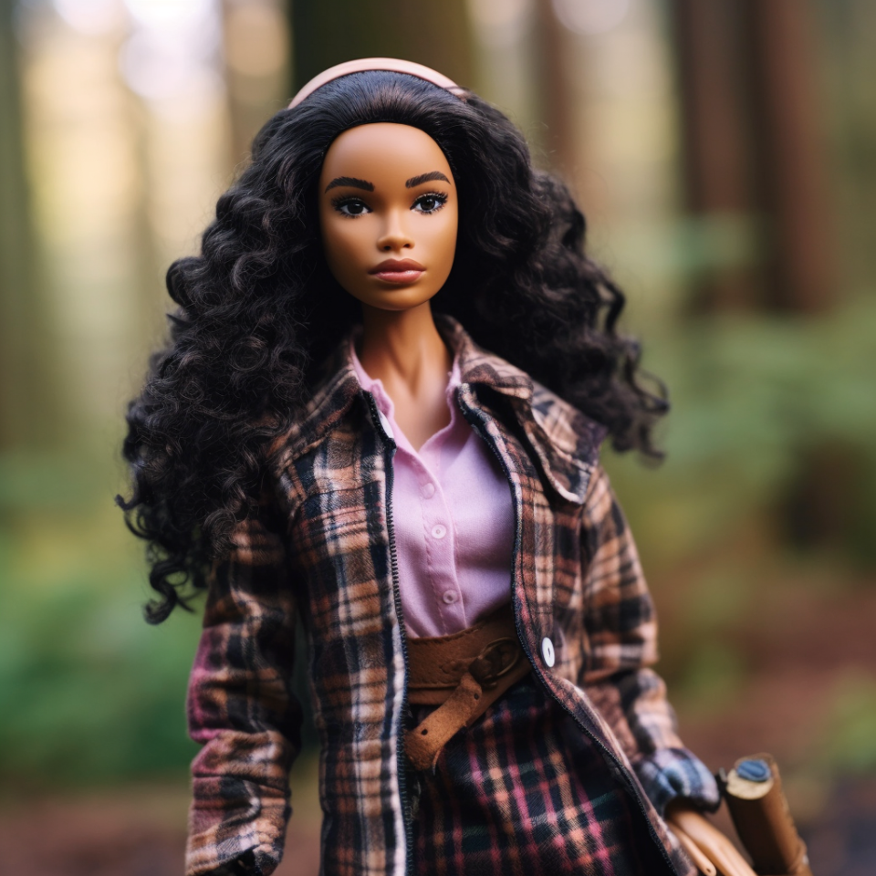 A Barbie in a forest with curly hair and a headband wearing a button-down shirt, a plaid jacket, and a belted plaid skirt