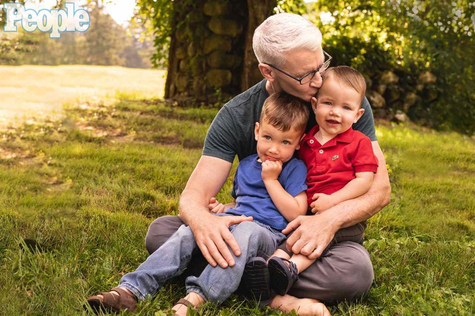 <p>Victoria Stevens</p> Anderson Cooper with sons Wyatt and Sebastian