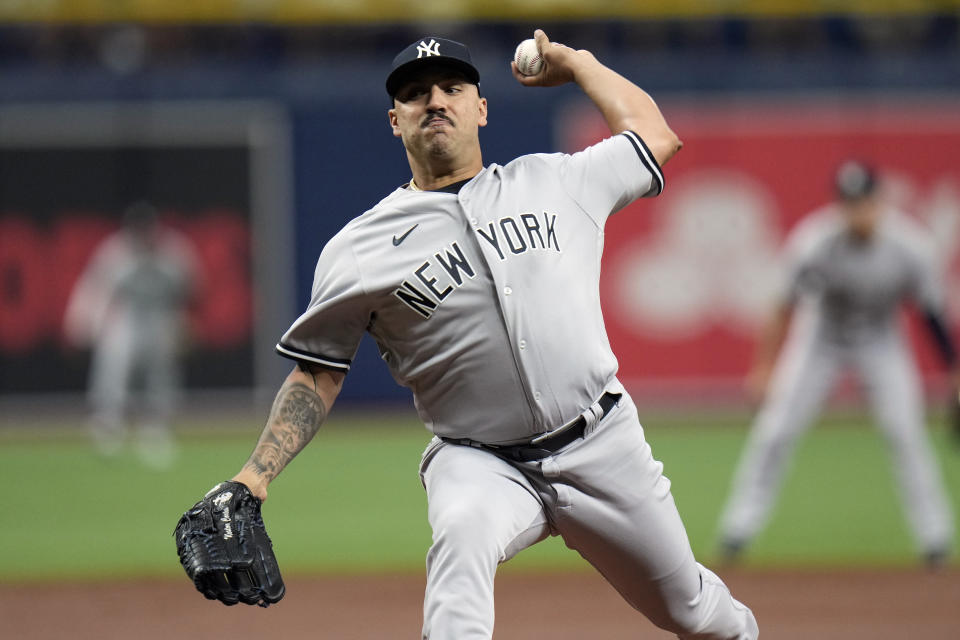 New York Yankees starting pitcher Nestor Cortes delivers to the Tampa Bay Rays during the first inning of a baseball game Thursday, May 26, 2022, in St. Petersburg, Fla. (AP Photo/Chris O'Meara)