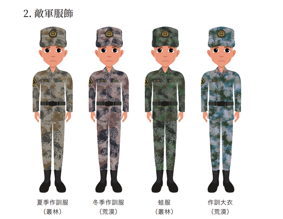 The civil defence handbook showing different kind of Chinese soldiers in uniforms (Screengrab: All-out Defence Mobilisation/ Taiwan defence ministry)