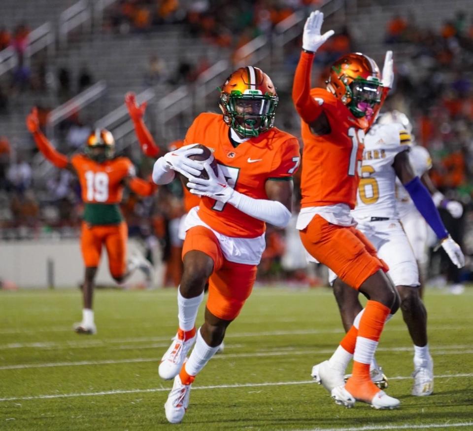 Florida A&M defensive back Tevin Griffey caught his first career interception during the Rattlers' homecoming football game versus Prairie View A&M. Griffey picked off PVAMU quarterback Trazon Connley and returned it for ten yards as FAMU won 45-7 on Ken Riley Field at Bragg Memorial Stadium in Tallahassee, Florida, Saturday, October 28, 2023.