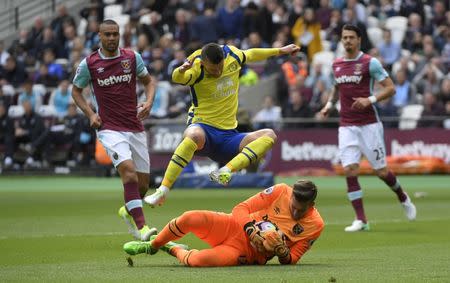 Britain Soccer Football - West Ham United v Everton - Premier League - London Stadium - 22/4/17 West Ham United's Adrian in action with Everton's Kevin Mirallas Reuters / Toby Melville Livepic