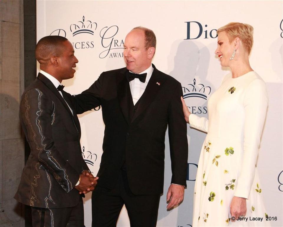 Leslie Odom Jr with Prince Albert and Princess Charlene of Monaco at the Princess Grace Foundation USA Gala on Oct 16 in NYC. | Jerry Lacay/Princess Grace Foundation