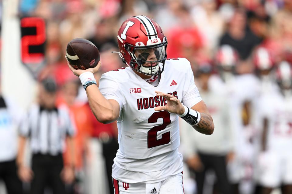 Indiana quarterback Jackson Tayven passes during an NCAA football game against Maryland on Saturday, Sept.30, 2023, in College Park, Md. (AP Photo/Gail Burton)