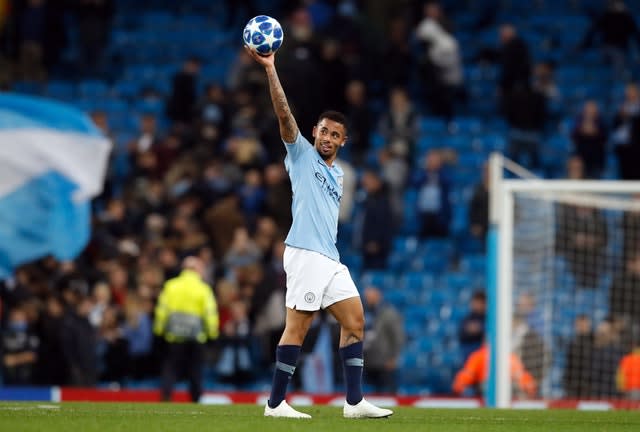 Manchester City’s Gabriel Jesus celebrates with the matchball