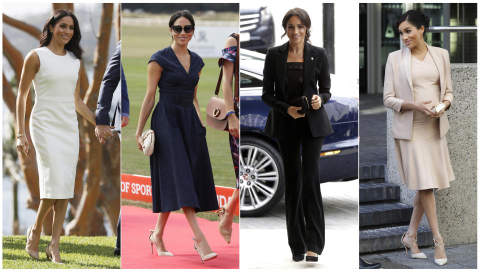 This combination photo shows Meghan, Duchess of Sussex, at Admiralty House in Sydney, Australia on Oct. 16, 2018, from left, at the Royal County of Berkshire Polo Club in Windsor, England on July 26, 2018, at the annual WellChild awards in London on Sept. 4, 2018 and at the National Theatre in London on Jan. 30, 2019. Meghan, the Duchess of Sussex and Kate, the Duchess of Cambridge continue to be trendsetters and bloggers have made careers out of tracking who and what they wear. (AP Photo)
