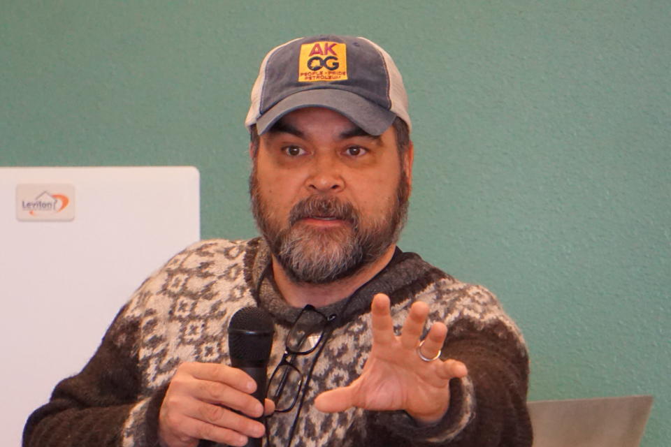 Lance Kramer, speaking on Feb. 26, 2024, at the Arctic Beaver Observation Network workshop held at the University of Alaska Fairbanks, describes how he traps beavers that have moved into the area around his hometown of Kotzebue. (Photo by Yereth Rosen/Alaska Beacon)