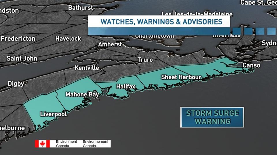 A storm surge warning has been issued for parts of Nova Scotia's Atlantic Coast