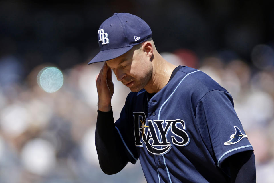 Tampa Bay Rays pitcher Corey Kluber reacts during the first inning of the team's baseball game against the New York Yankees on Saturday, Sept. 10, 2022, in New York. (AP Photo/Adam Hunger)