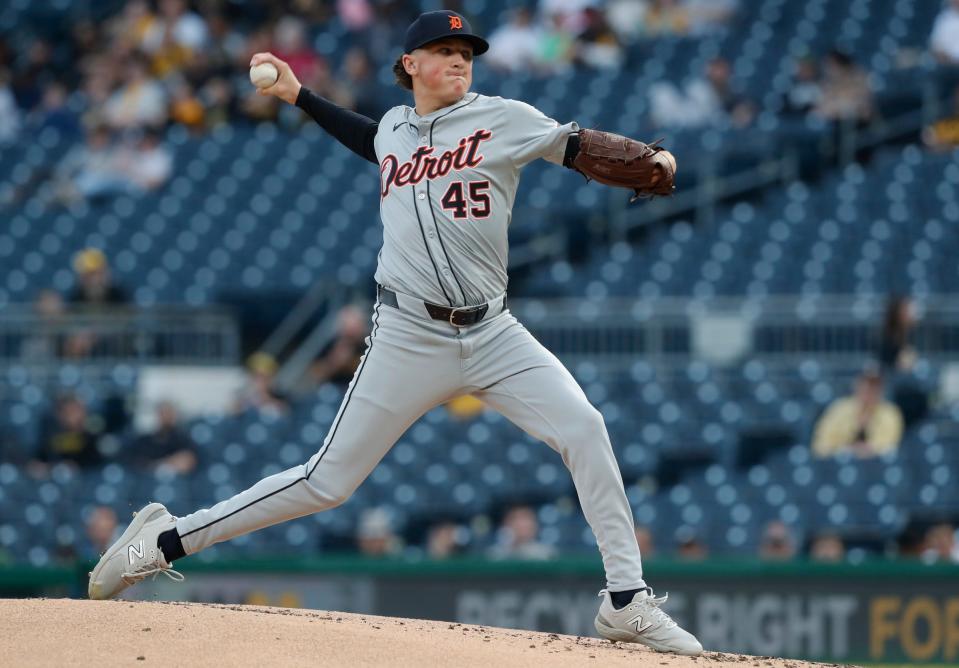Tigers pitcher Reese Olson delivers a pitch against the Pirates during the first inning on Monday, April 8, 2024, in Pittsburgh.