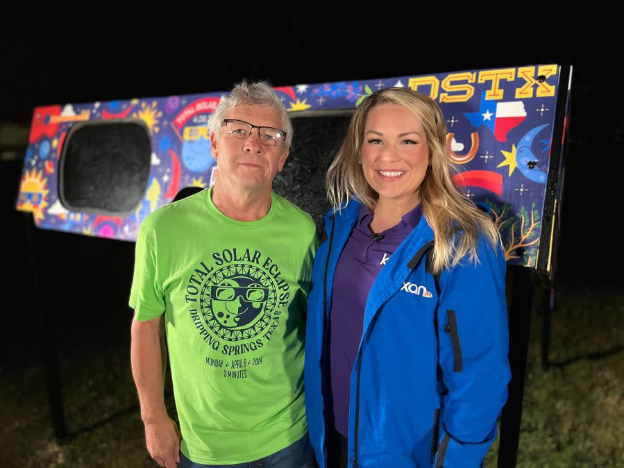 The mayor of Dripping Springs with Meteorologist Kristen Currie ahead of the total eclipse on April 8, 2024. (KXAN Photo)