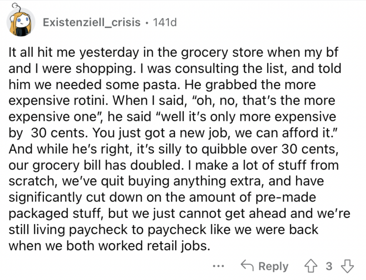 Reddit screenshot about couple's realization in terms of inflation coming about over pasta prices.