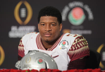 Jameis Winston talks to media after Florida State's loss to Oregon in the Rose Bowl. (USAT)
