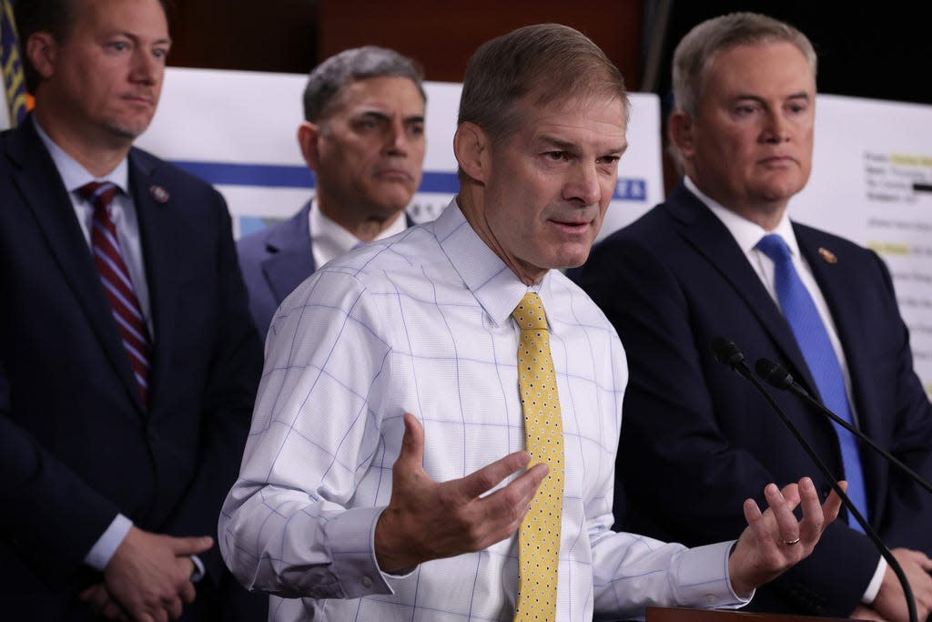 Flanked by House Republicans, U.S. Rep. Jim Jordan, R-Ohio speaks during a news conference at the U.S. Capitol on November 17, 2022 in Washington, DC. House Republicans held a news conference to discuss "the Biden family's business dealings."
