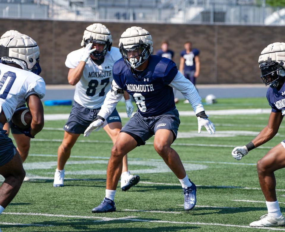 Monmouth linebacker Jake Brown (8) is a graduate transfer from Harvard who is expected to help the Hawks' defense this season.