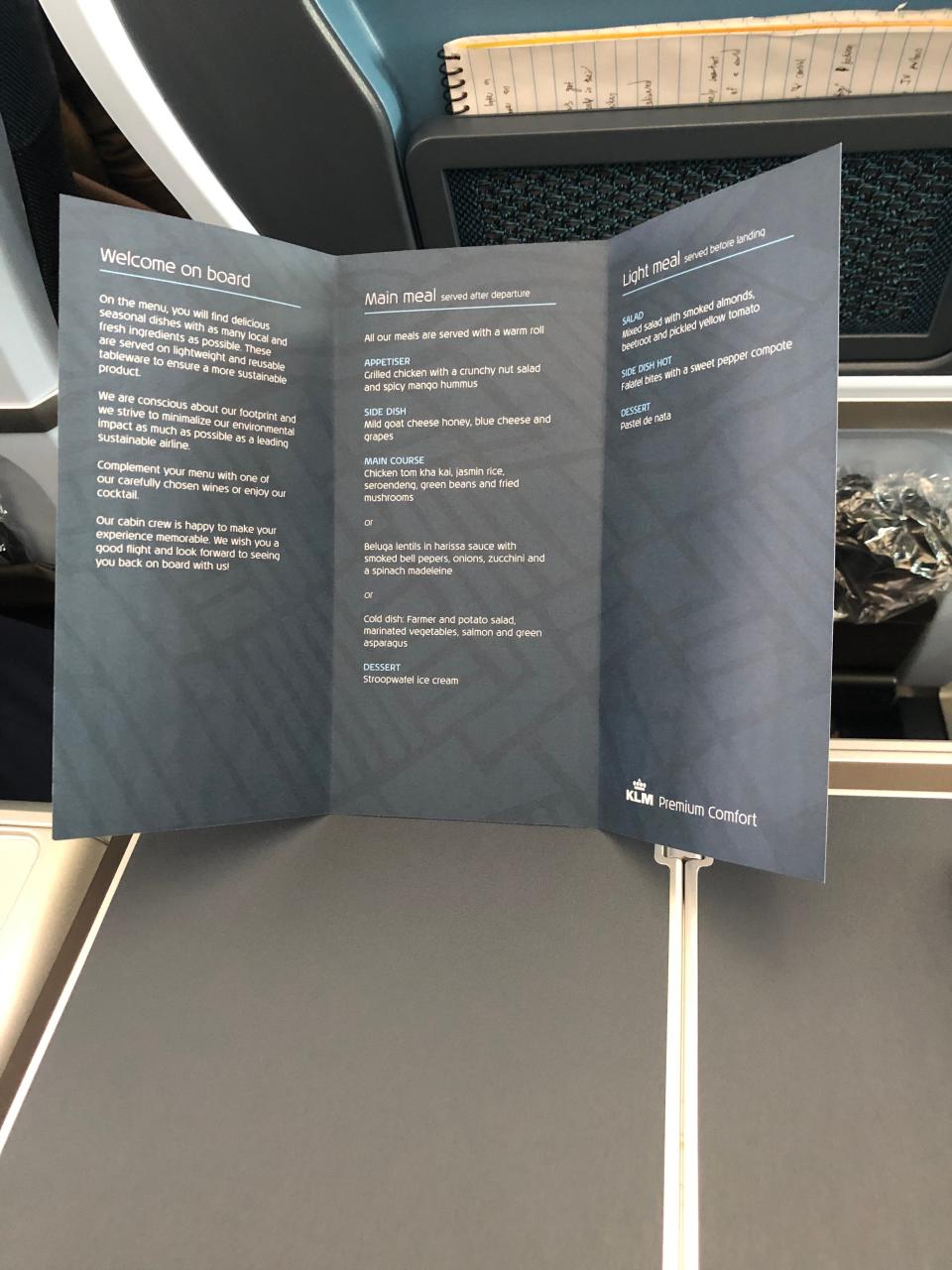 A printed menu in KLM's Premium Comfort cabin.