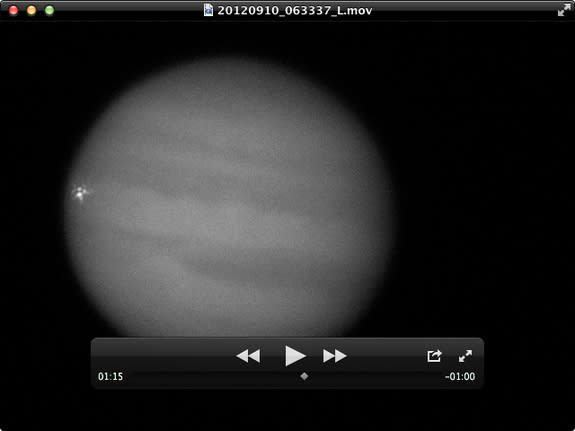 Amateur astronomer George Hall captured this image of an apparent impact on Jupiter while recording video telescope observations of the planet on Sept. 10, 2012, from Dallas Texas.