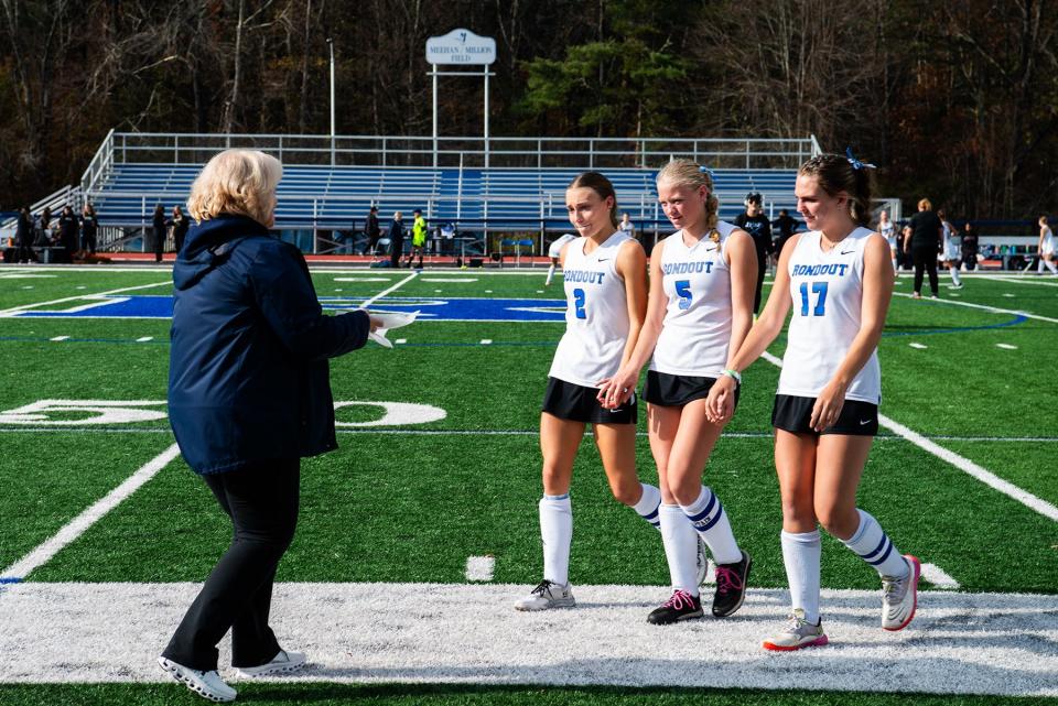 Rondout is awarded the runnerup plaque during the girls Class C regional field hockey game in Accord, NY on Sunday, November 5, 2023. Rondout lost to Hoosick Falls in overtime 2-1. KELLY MARSH/FOR THE TIMES HERALD-RECORD